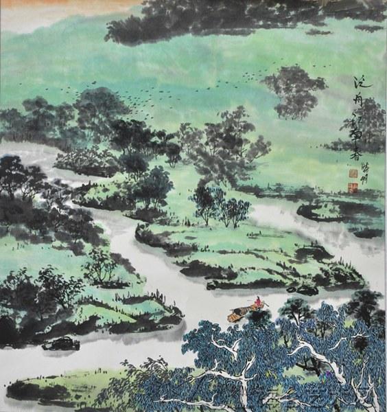 李晓明的国画作品《泛舟江南》 梅仑艺术网-梅仑美画