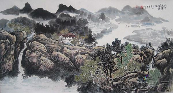 李晓明的国画作品《山中人家》 梅仑艺术网-梅仑美画